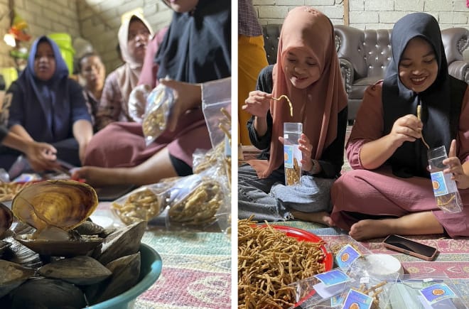 Collage : Frauen aus Tompira verarbeiten Muscheln zu Snacks und verpacken sie für den lokalen Verkauf