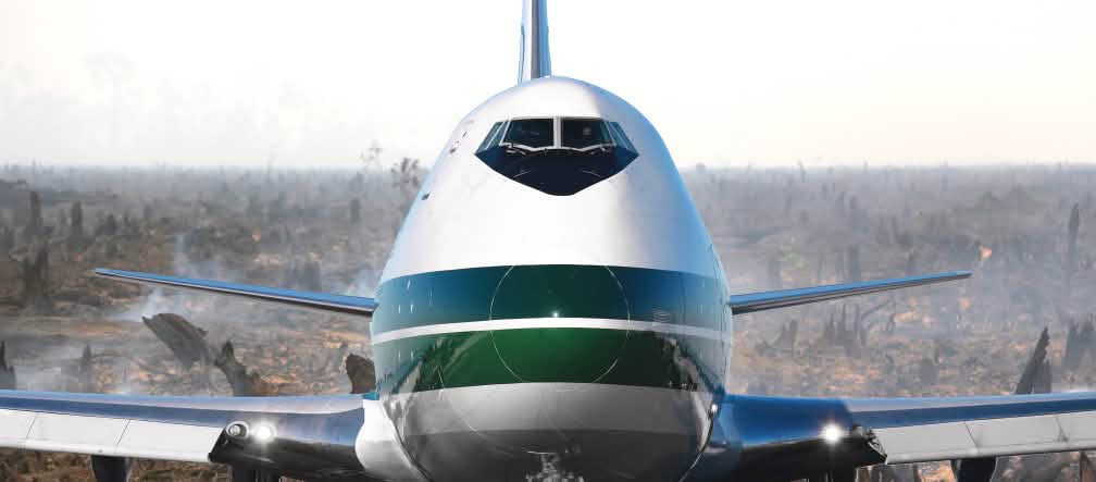 Flugzeug über zerstörtem Regenwald (Montage) Flugzeug über verbranntem Regenwald
