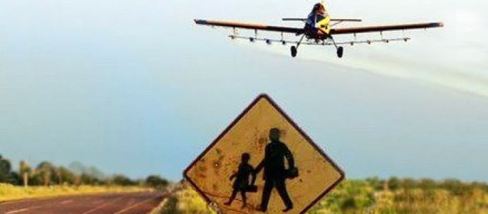 Chemie-Cocktail aus der Luft: schädlich für Menschen und Natur Ein Flugzeug versprüht Pestizide über einem Sojafeld