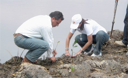 Die Umweltministerin beim Pflanzen des Mangrovensetzlings (Foto: C-Condem)