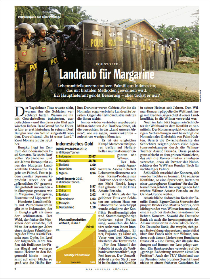 Nachdruck der Artikel -Landraub für Margarine- aus Der Spiegel Nr.18/2014 von 28. April 2014