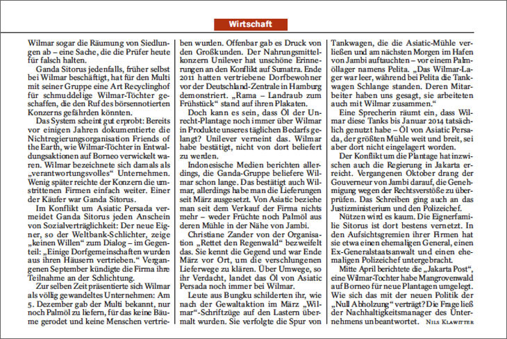 Nachdruck der Artikel -Landraub für Margarine- aus Der Spiegel Nr.18/2014 von 28. April 2014
