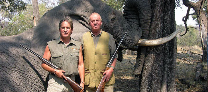 König Juan Carlos: Ehrenpräsident von WWF: steht mit Schusswaffe vor einem Elefanten