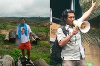 Nordin von Save our Borneo vor einem abgeholzten Regenwald. Feri Irawan mit Lautsprecher auf einer Demo