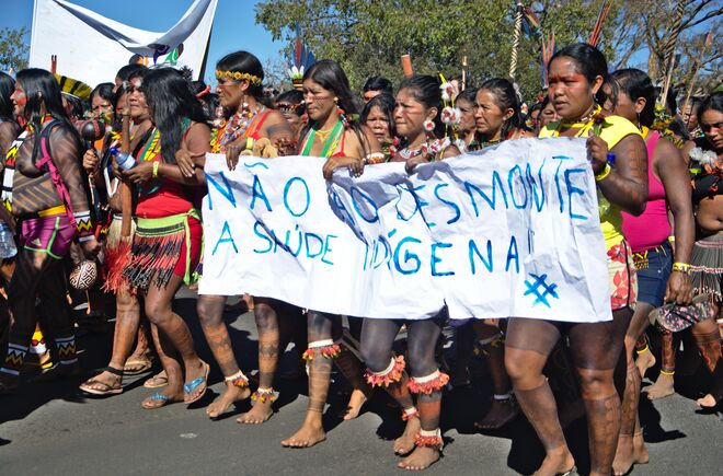 Indigene Frauen in Brasilien protestieren mit einem Banner gegen die Abholzung ihrer Regenwald- und Schutzgebiete