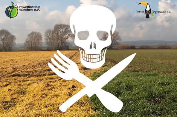 Ein Totenkopfprint mit Besteck-Knochen über den toten Feldern