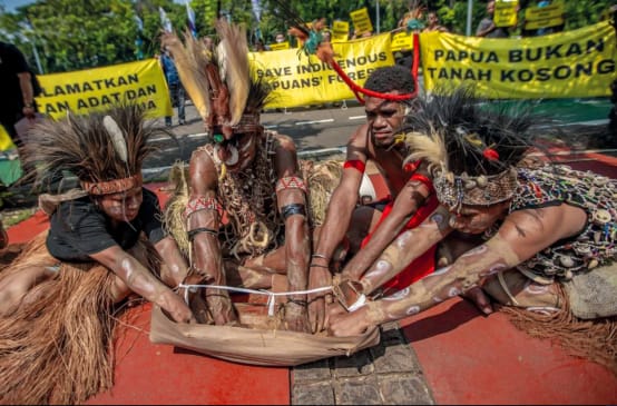 vier Papua mit Federschmuck halten ein Ritual ab. "Papua ist kein leeres Land"