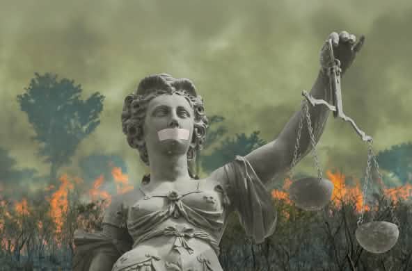 Collage: Justitia vor dem brennenden Regenwald