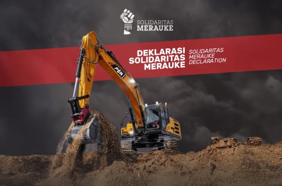 Titelbild der "Deklaration Solidarität Merauke" mit Bagger
