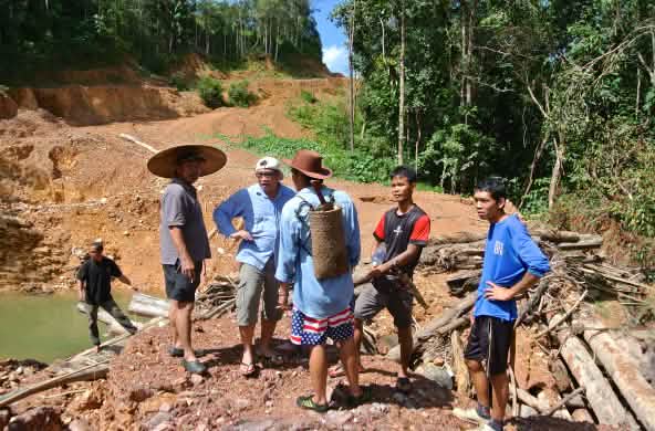Indigene stehen auf einer Piste, die Holzfäller illegal in Sarawak angelegt haben