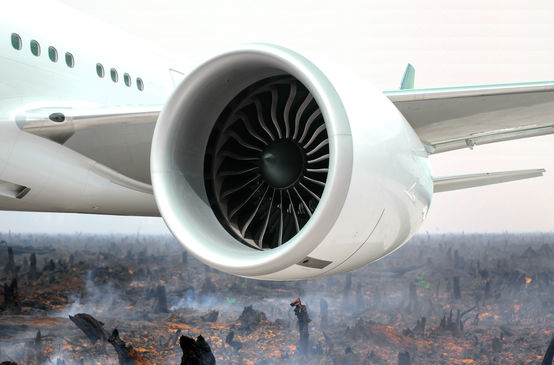 Fotomontage: Turbine eines Düsenflugzeugs vor verbranntem Regenwald