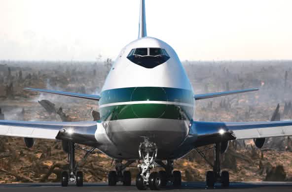 Flugzeug über verbranntem Regenwald