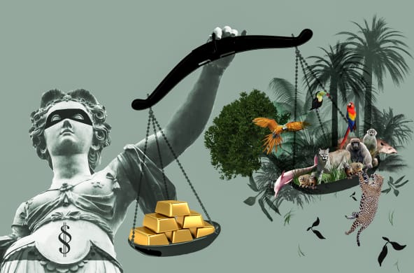 In Justicias Hand die Waagschalen mit Gold auf der einen und Regenwald auf der anderen Seite. Das Gold ist schwerer.