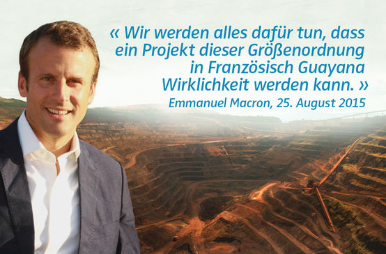 Collage: Emmanuel Macron vor Goldmine in Französisch Guayana