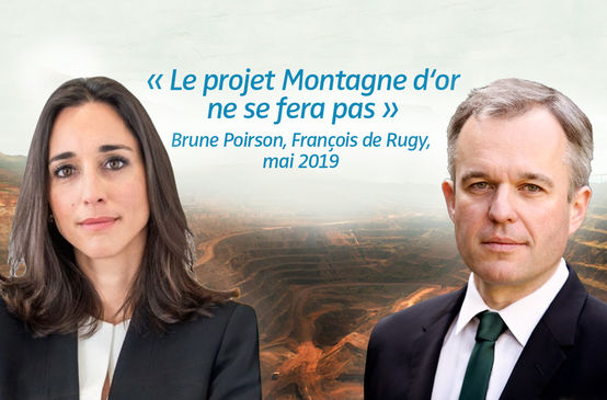 Fotomontage: Die Köpfe von Brune Poirson und Francois de Rugy vor einer Tagebaumine im Hintergrund.