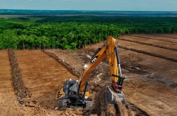 Bagger auf abgeholztem Land. Der Wald im Hintergrund ist bedroht