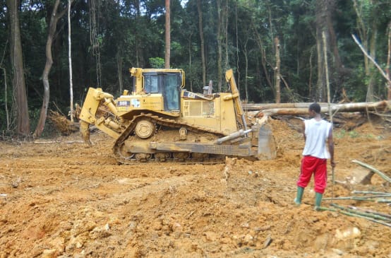 Eine Person steht vor einem Bulldozer inmitten von aufgewühltem roten Boden im Regenwald