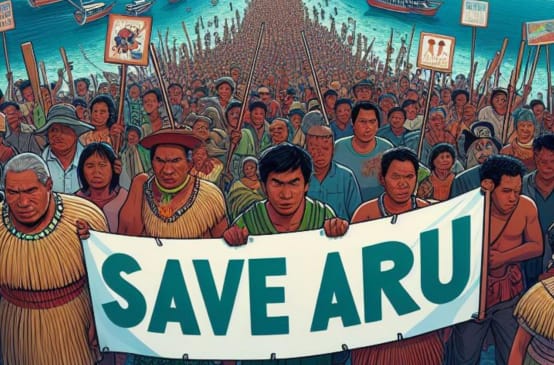 Gemälde von Menschenmasse mit Poster "Save Aru", im Hintergrund Meer und Schiffe