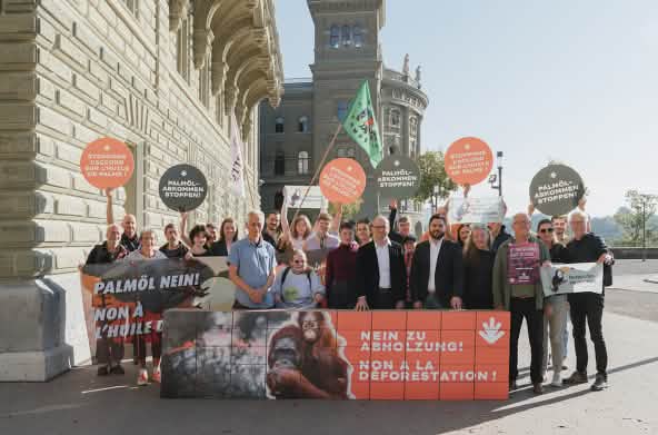 Etwa 20 Menschen mit Bannern in Bern
