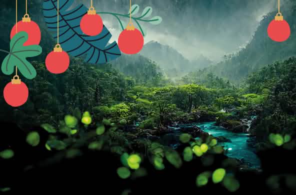 Ein mystischer Regenwald mit Fluss und Weihnachtskugeln darüber