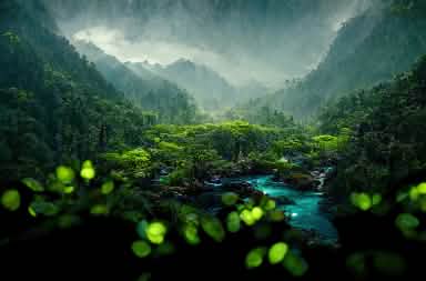 Blick auf mystischen Wald mit Flusslauf