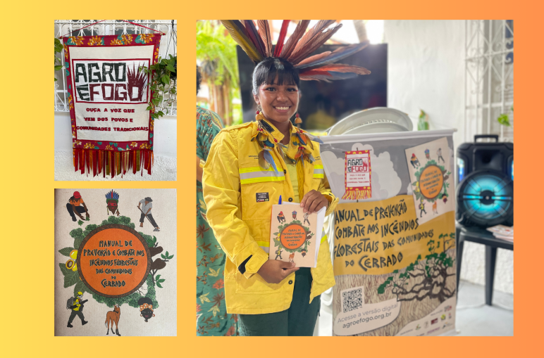 Eine junge indigene Frau mit Federkrone und gelber Sicherheitsjacke präsentiert das Handbuch zur Brandbekämpfung von Agro é Fogo