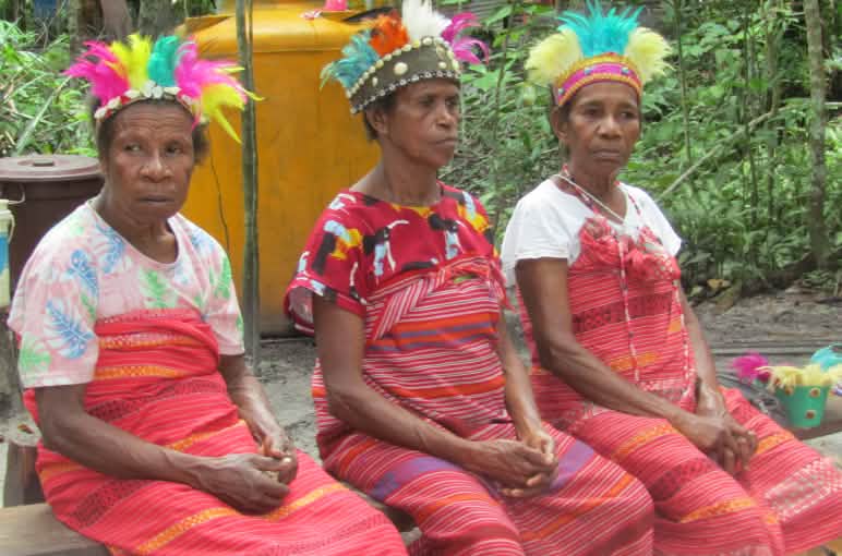 drei Frauen, gekleidet in rote Webstoffe und mit bunten Federn auf dem Kopf