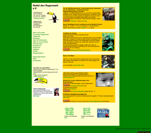 Bildschirmfoto der Webseite auf regenwald.org von 2001