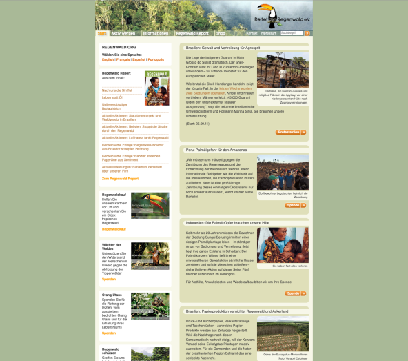 Bildschirmfoto der Webseite auf regenwald.org von 2011