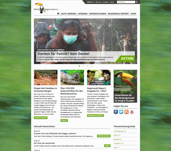 Bildschirmfoto der Webseite auf regenwald.org von 2013