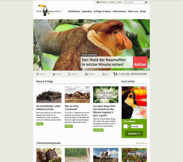 Bildschirmfoto der Webseite auf regenwald.org von 2015