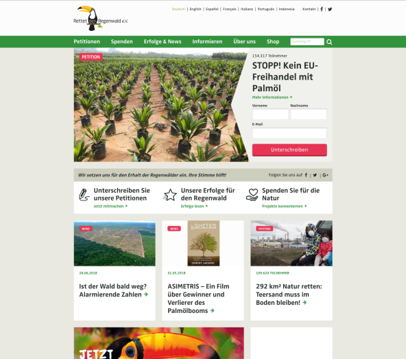 Bildschirmfoto der Webseite auf regenwald.org von 2018