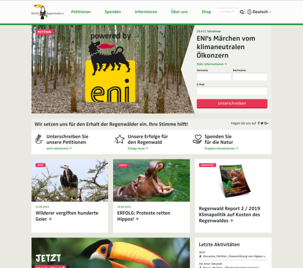 Bildschirmfoto der Webseite auf regenwald.org von 2019