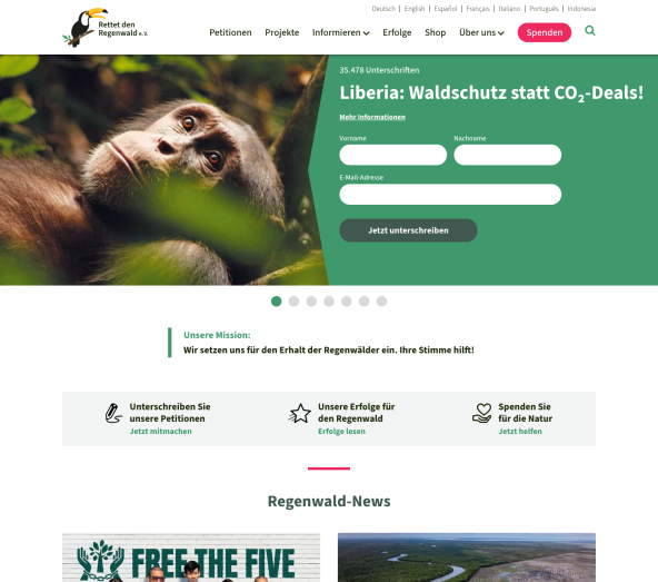 Bildschirmfoto der Webseite auf regenwald.org von 2026