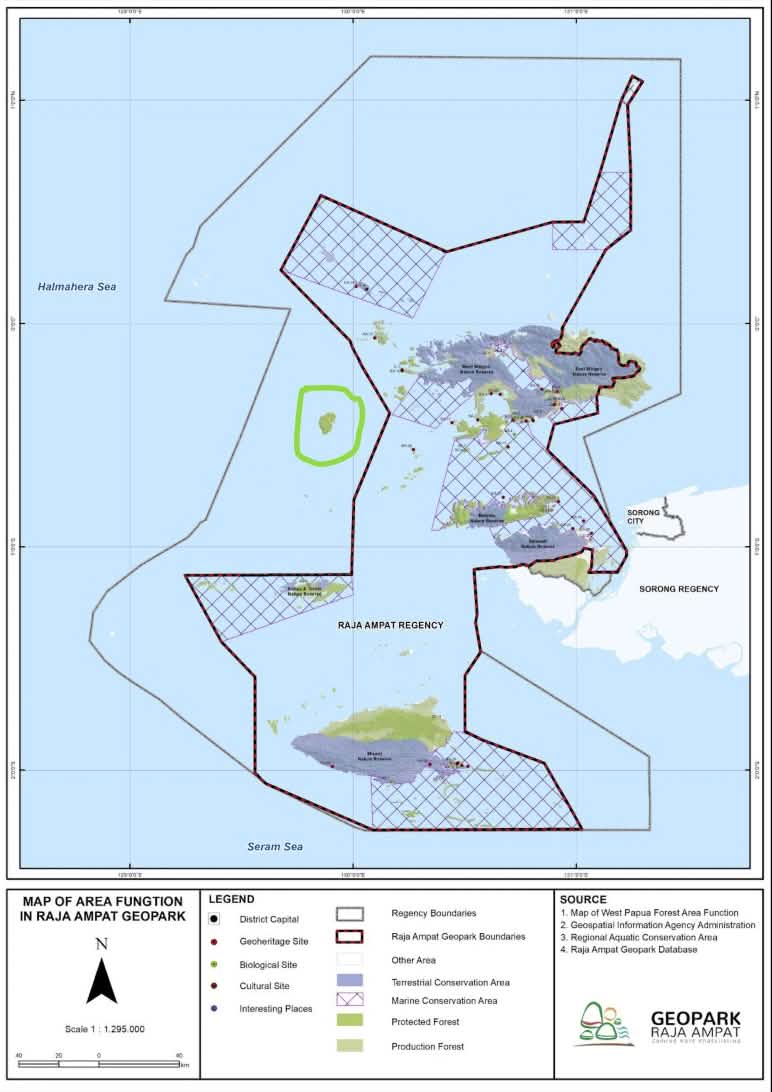 Die Insel Gag (grüner Kreis) gehört zur Raja-Ampat-Inselgruppe, sie liegt außerhalb des Geoparks (Grenzen in lila) Landkarte Geopark Raja Ampat