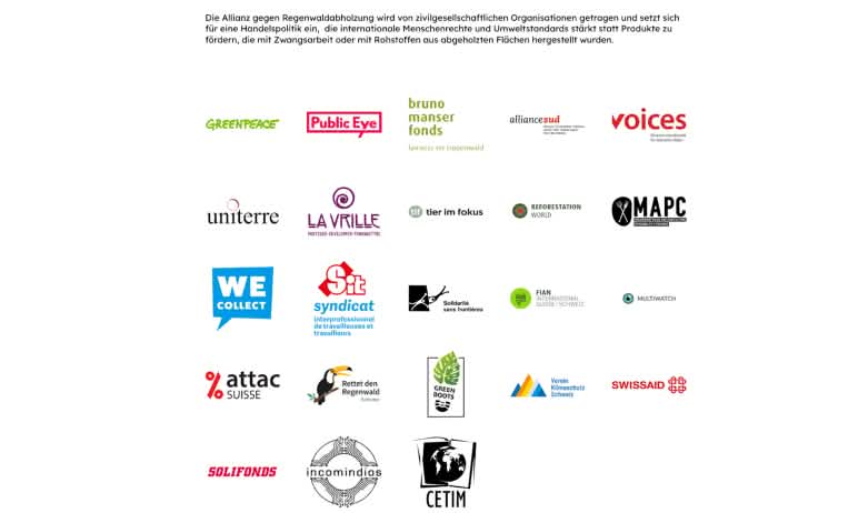 Logos der Schweizer Allianz gegen Regenwaldabholzung