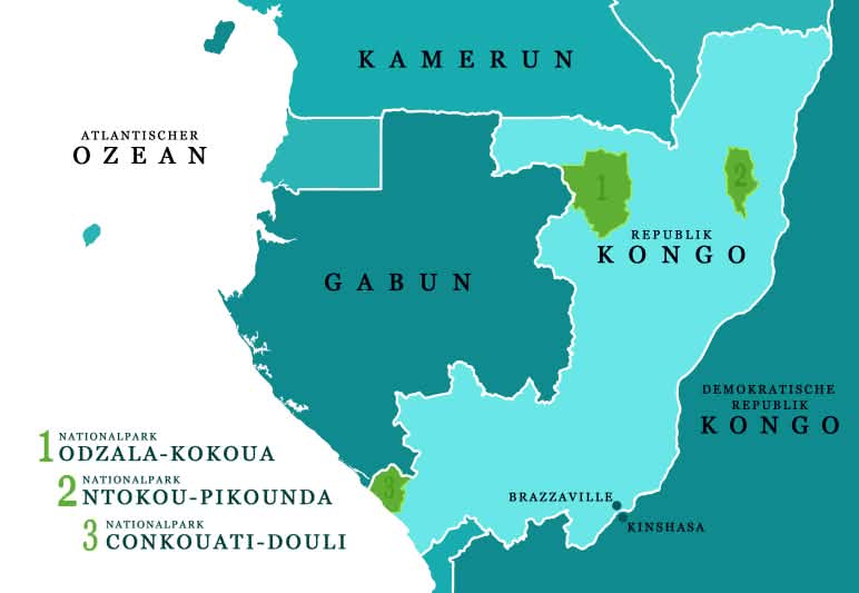 Karte der Republik Kongo und der Nachbarländer, in die 3 Nationalparks eingetragen sind.