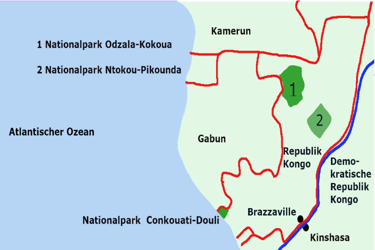Karte der Republik Kongo und der Nachbarländer, in die 3 Nationalparks eingetragen sind.