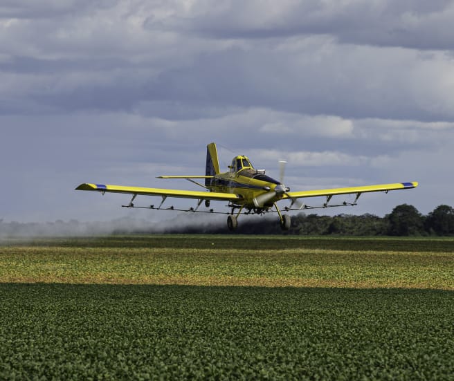 Ein Propellerflugzeug versprüht Pestizide aus der Luft über einem Soja-Feld