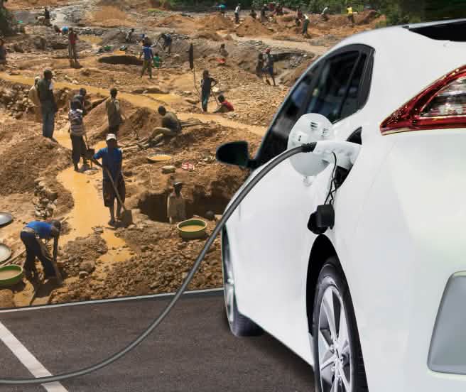 Collage Minenarbeiter im Kongo + E-Auto