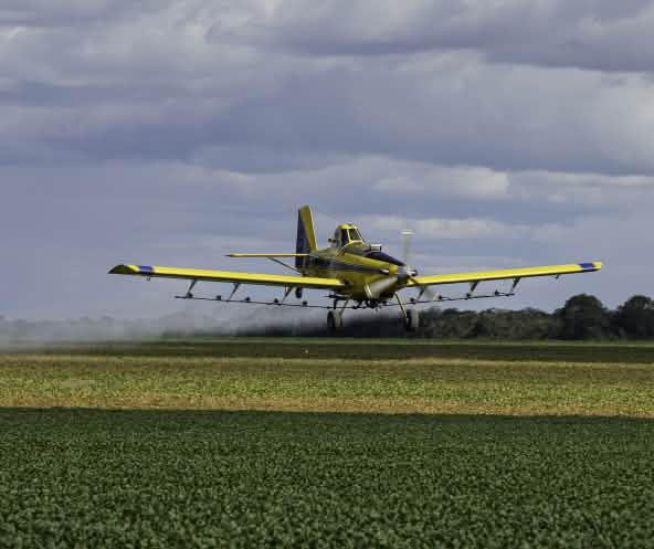 Ein Propellerflugzeug versprüht Pestizide aus der Luft über einem Soja-Feld