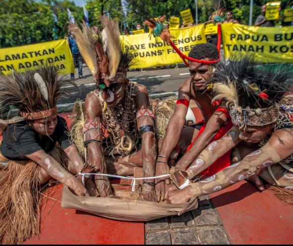 vier Papua mit Federschmuck halten ein Ritual ab. "Papua ist kein leeres Land"