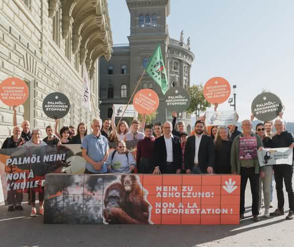 Etwa 20 Menschen mit Bannern in Bern