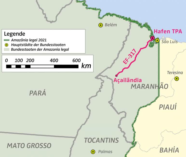 Karte des nordöstlichen Teiles des legalen brasilianischen Amazonasgebietes (Amazônia legal 2021) mit der Lage des Hafens TPA und der Schienentrasse EF-317 (Quelle: IBGE, GPM) Karte mit Lage des Hafens TPA und der Gütereisenbahn EF-317 im Amazonasgebiet in Brasilien