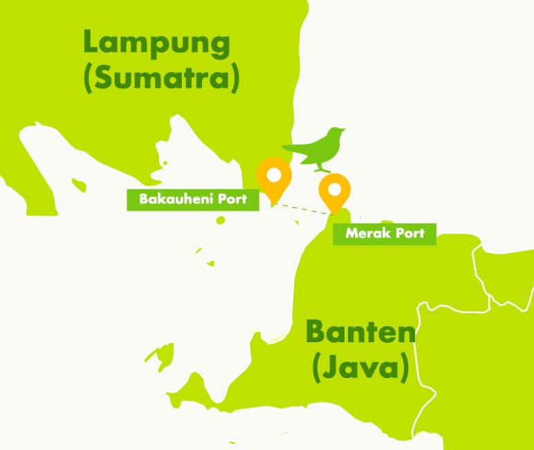 Bakauheni in der Provinz Lampung auf Sumatra ist der wichtigste Hafen für die Vogelschmuggler Teilkarte Provinz Lampung auf Sumatra und Provinz Banten auf Java