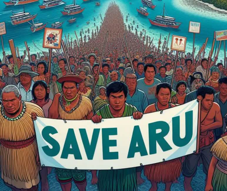 #Save Aru Gemälde von Menschenmasse mit Poster "Save Aru", im Hintergrund Meer und Schiffe