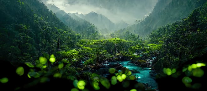 Blick auf mystischen Wald mit Flusslauf