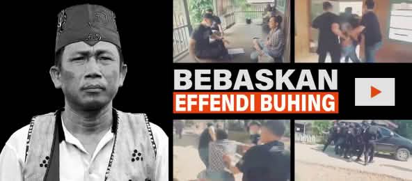 Freiheit für Effendi Buhing, den traditionellen Führer der Dayak Tomun von Kinipan auf Borneo Freiheit für Effendi Buhing! Fotomontage