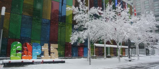 Palais des congrès in Montréal im Schnee (© Rettet den Regenwald / Mathias Rittgerott) Schriftzug COP15 vor dem Kongress-Zentrum in Montréal