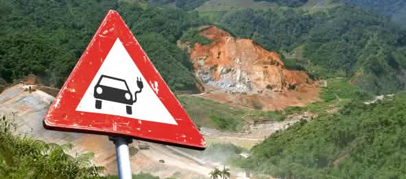 © CASCOMI - Collage RdR Collage: Verkehrsschild mit einem Elektroauto vor einer Tagebaumine im Regenwald von Ecuador